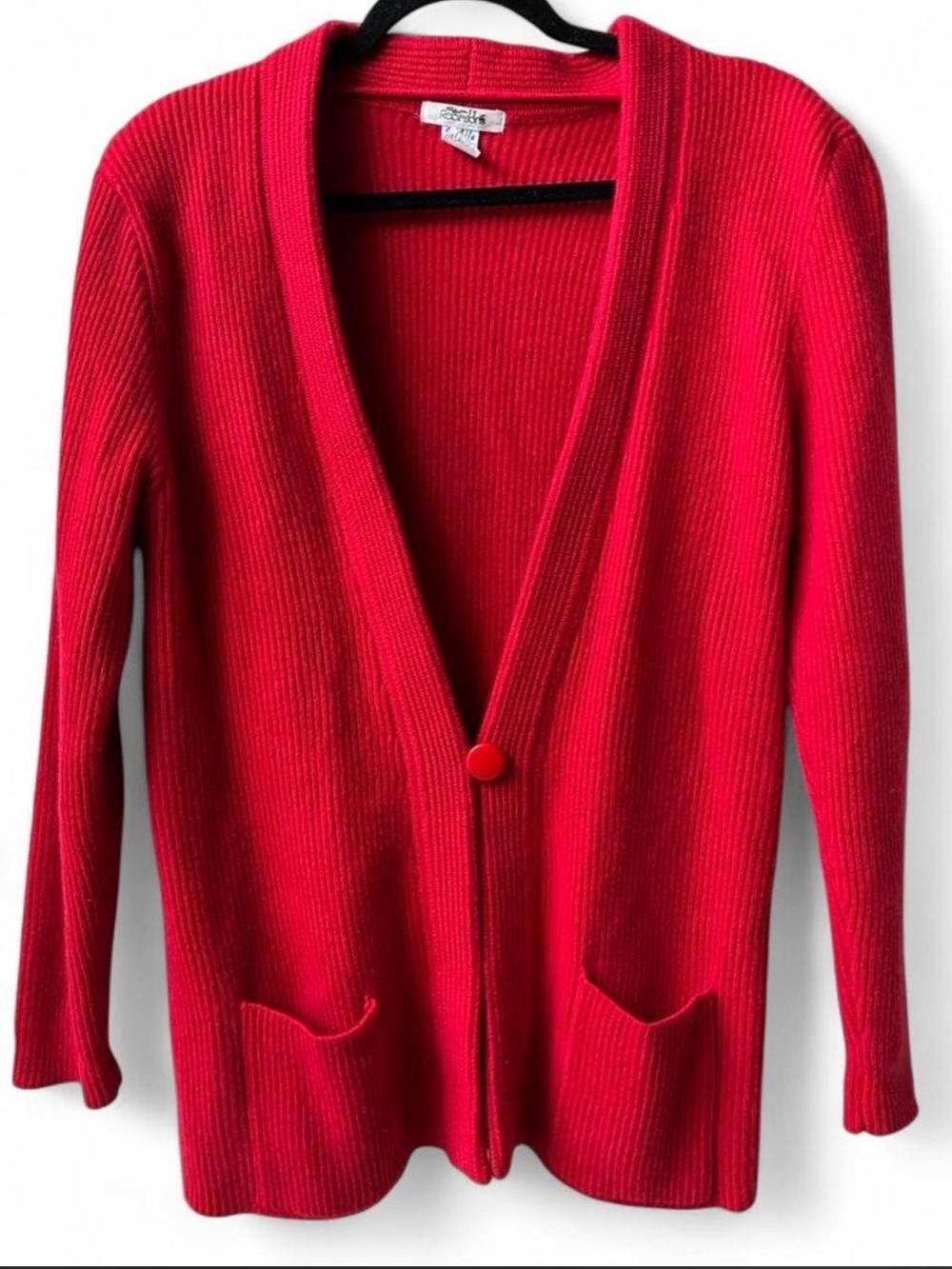 Robinsons Angora Lambswool blend Red Ribbed long Cardigan Sweater Pockets Knit M